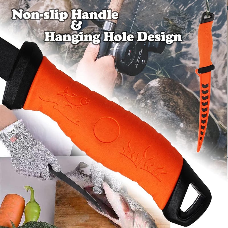 HOWORR Fish Fillet Knife, 7 Inches Professional Fishing Fillet Knife Set Stainless Steel Blade in Corrosion Resistant Coating, with Sharpener and Cutting Resistant Gloves, for Fishing and Outdoor, Orange - Image 5